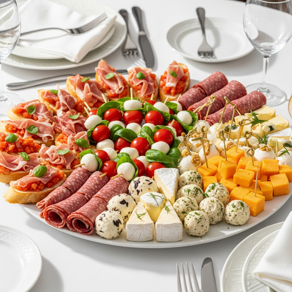 Разнообразное плато праздничных закусок: секрет успеха в сочетании ярких цветов и разных текстур