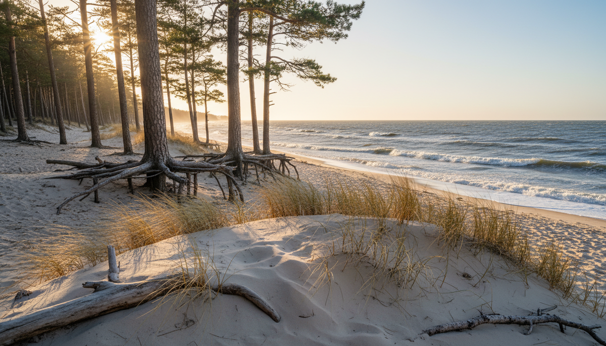 Дикий пляж Балтийского моря с белым песком и высокими соснами, уединенный отдых на природе в России
