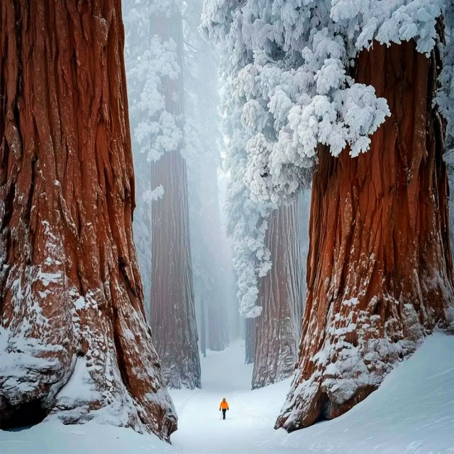 В горах Сьерра-Невада в Калифорнии время обретает иной масштаб. Здесь, в Национальном парке «Секвойя» (Sequoia National Park), стоят древние гигантские секвойи, чья жизнь началась ещё до падения Рима. Их король — дерево по имени «Генерал Шерман». Это не просто дерево, а настоящее природное чудо: его высота сопоставима с 28-этажным домом (83 метра), а вес — с 300 взрослыми слонами (около 1900 тонн). Но самое поразительное — его возраст, превышающий 2200 лет. Когда только начинала строиться Великая Китайская стена, это дерево уже было подростком.

Секвойи — настоящие стратеги выживания. Вместо того чтобы бояться лесных пожаров, они научились использовать их себе во благо. Их кора, толщиной порой до 60 см, работает как огнеупорный щит. Даже если огонь повреждает часть ствола, выжигая дупло, дерево продолжает жить: сок движется по уцелевшим участкам, а со временем рана затягивается новыми слоями древесины. Более того — жар от пожара помогает раскрыться шишкам секвой, выпуская семена на очищенную от конкурентов почву. Это гениальная система возобновления, отточенная тысячелетиями.