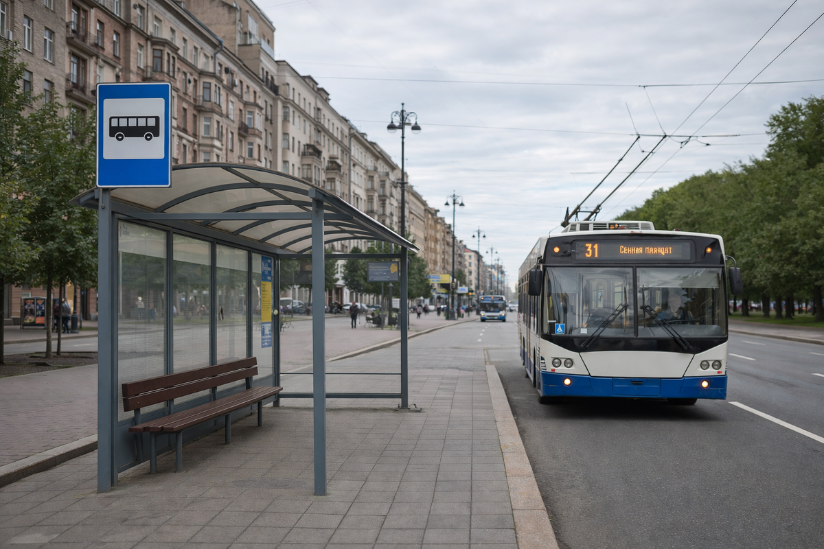В качестве иллюстрации можно использовать конкретную остановку на большом проспекте п.с. Д.100, где остановился однажды 31 троллейбус, в котором я уехала в самостоятельную жизнь в 2014 году, которой я сейчас живу. Только вот я не знаю: на текущий момент там остановка с лавочкой и козырьком или нет?