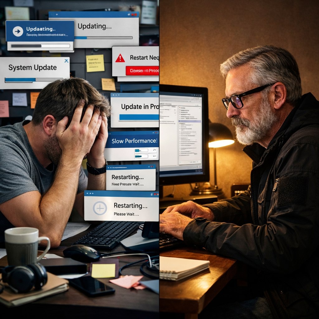 Постоянные обновления: принудительные, медленные, ломают работу. Старое ПО: стабильное, быстрое, работает годами