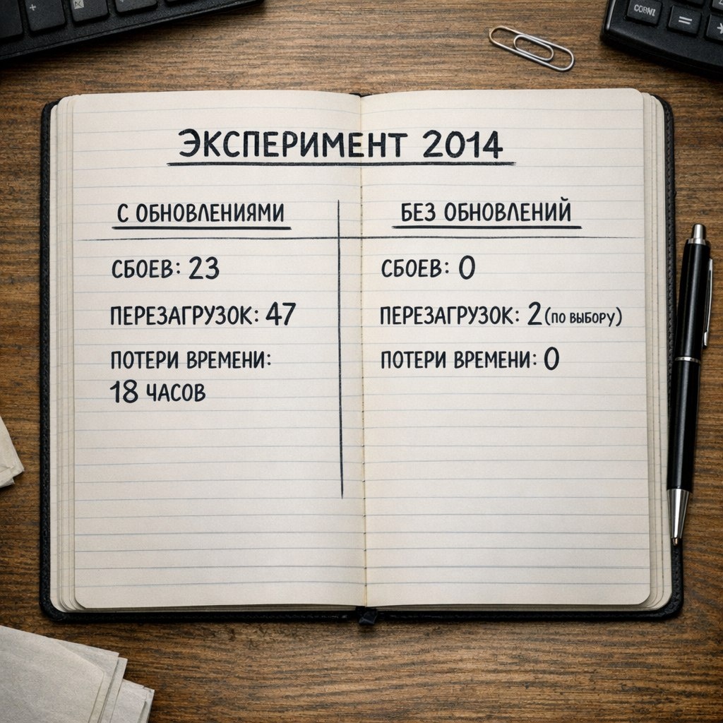 Эксперимент 2014: с обновлениями — 23 сбоя, 47 перезагрузок, 18 часов потерь. Без — 0 проблем