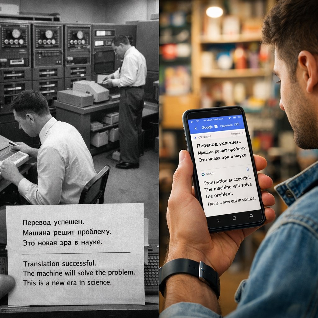 1954: IBM 701 переводит 60 русских фраз. 2025: Google Translate "изобретает" машинный перевод