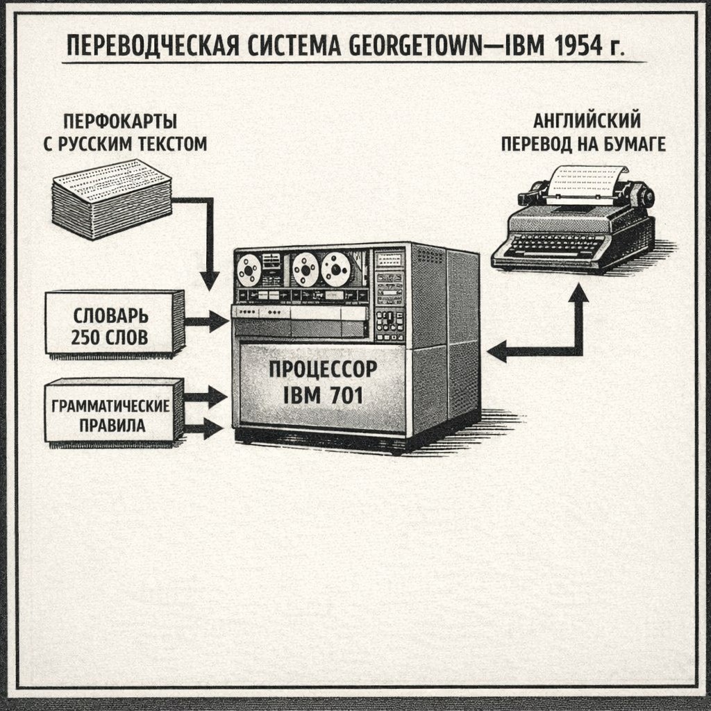 Схема 1954: перфокарты → словарь → правила → IBM 701 → перевод. Первый машинный перевод в истории