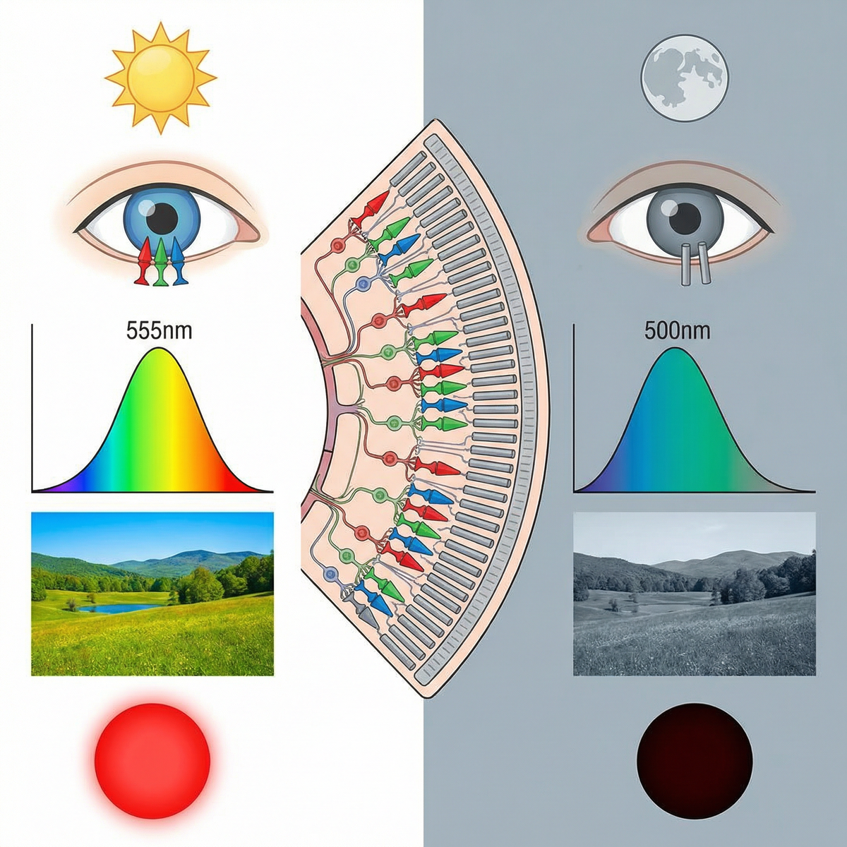 Наглядная картинка сравнения палочек и колбочек в глазу. Слева — день, яркое солнце, глаз с активными колбочками (цветные конусы), спектр чувствительности жёлто-зелёный (555 нм), видит все цвета ярко. Справа — ночь, луна, глаз с активными палочками (серые цилиндры), спектр сине-зелёный (500 нм), мир серо-голубой.