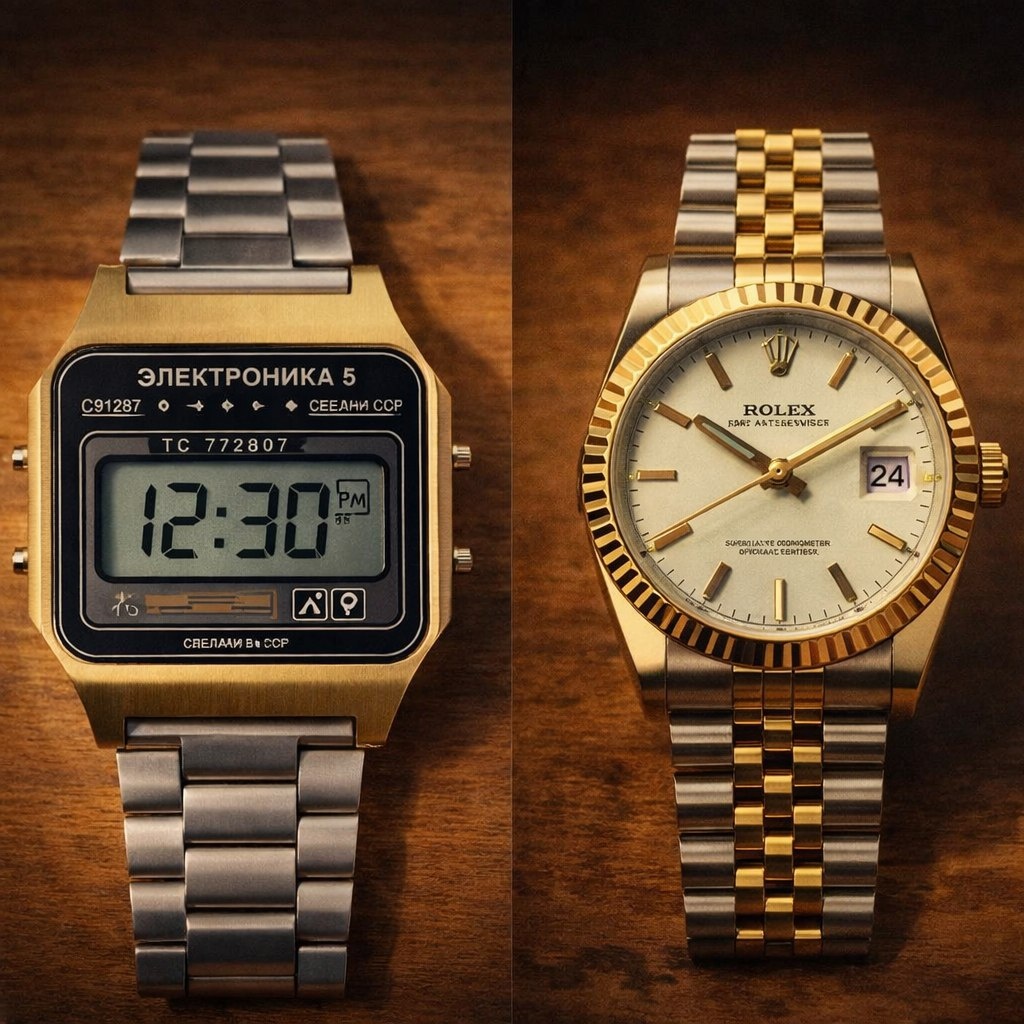 Электроника-5 1977: кварц, LED, точность ±15 сек/месяц, 27 рублей. Rolex: механика, ±300 сек/месяц, тысячи долларов
