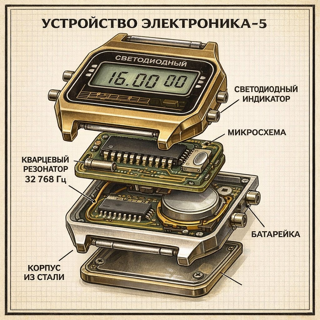 Конструкция Электроники-5: кварцевый резонатор 32768 Гц, микросхема, LED — советская электроника работает десятилетиями