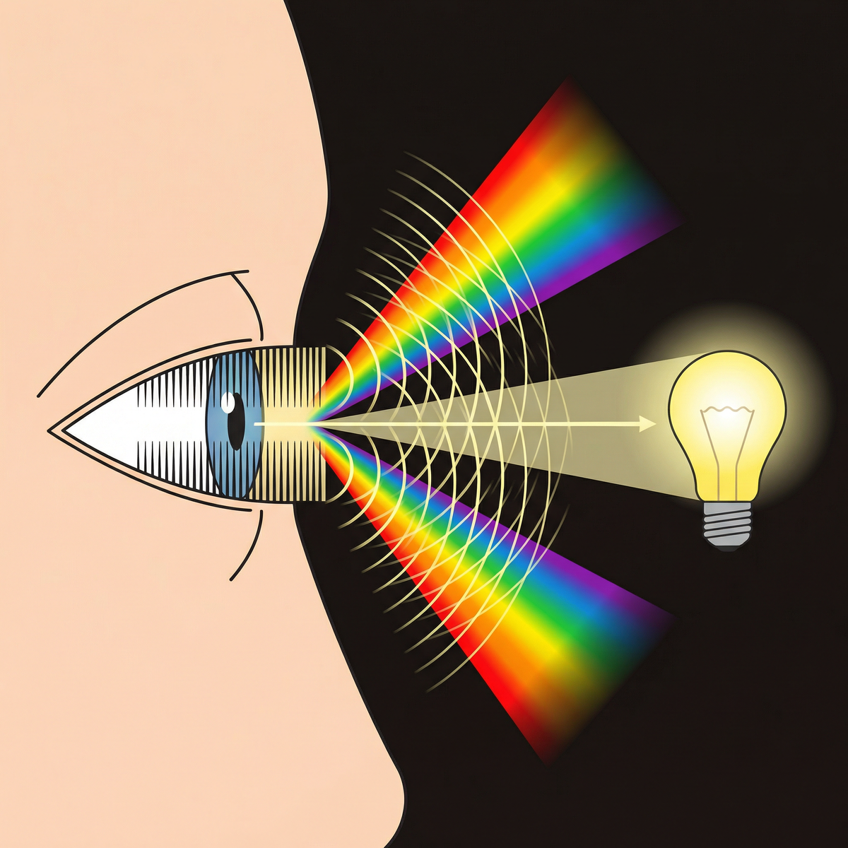 Научная инфографика: как ресницы создают дифракцию. Слева — схематичный глаз в профиль, прищуренный. Веки образуют узкую горизонтальную щель. Ресницы показаны как ряд параллельных вертикальных линий. Справа — источник света (лампочка). Между ними — лучи света проходят через щель между веками и сквозь ресницы. После ресниц свет расходится веером вверх и вниз, образуя характерные лучи. Волны света показаны как концентрические дуги от каждого промежутка между ресницами, накладывающиеся друг на друга. На выходе — радужный спектр
