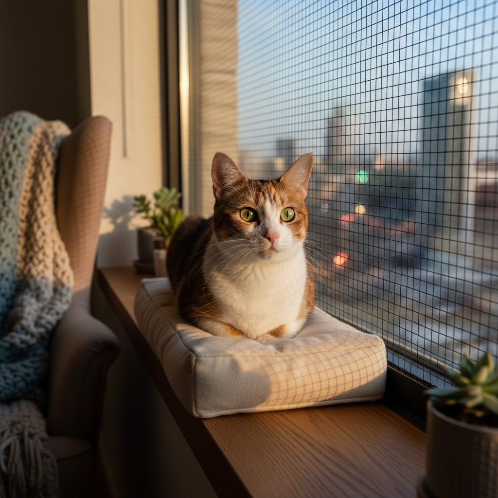 Кошка в безопасности благодаря защитной сетке на окне.