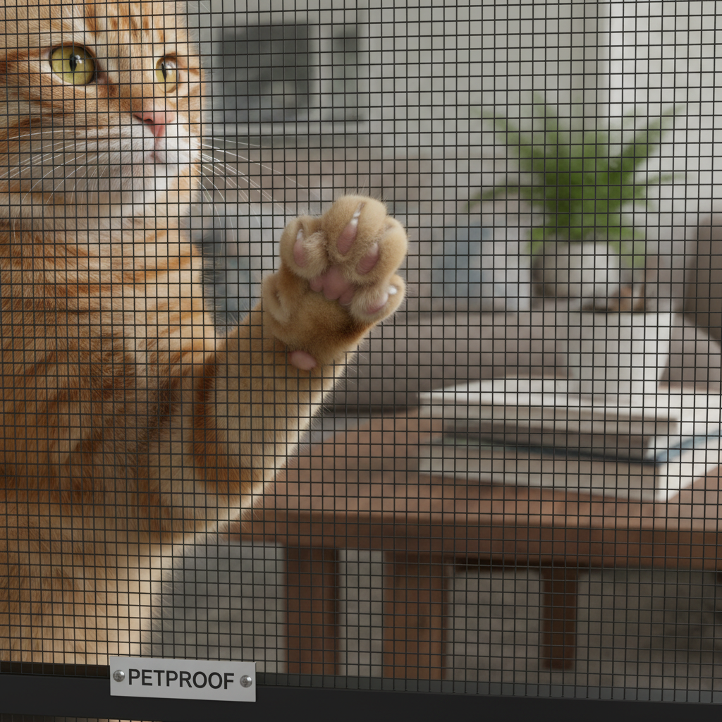 Кошачья лапа проверяет прочность защитной сетки.