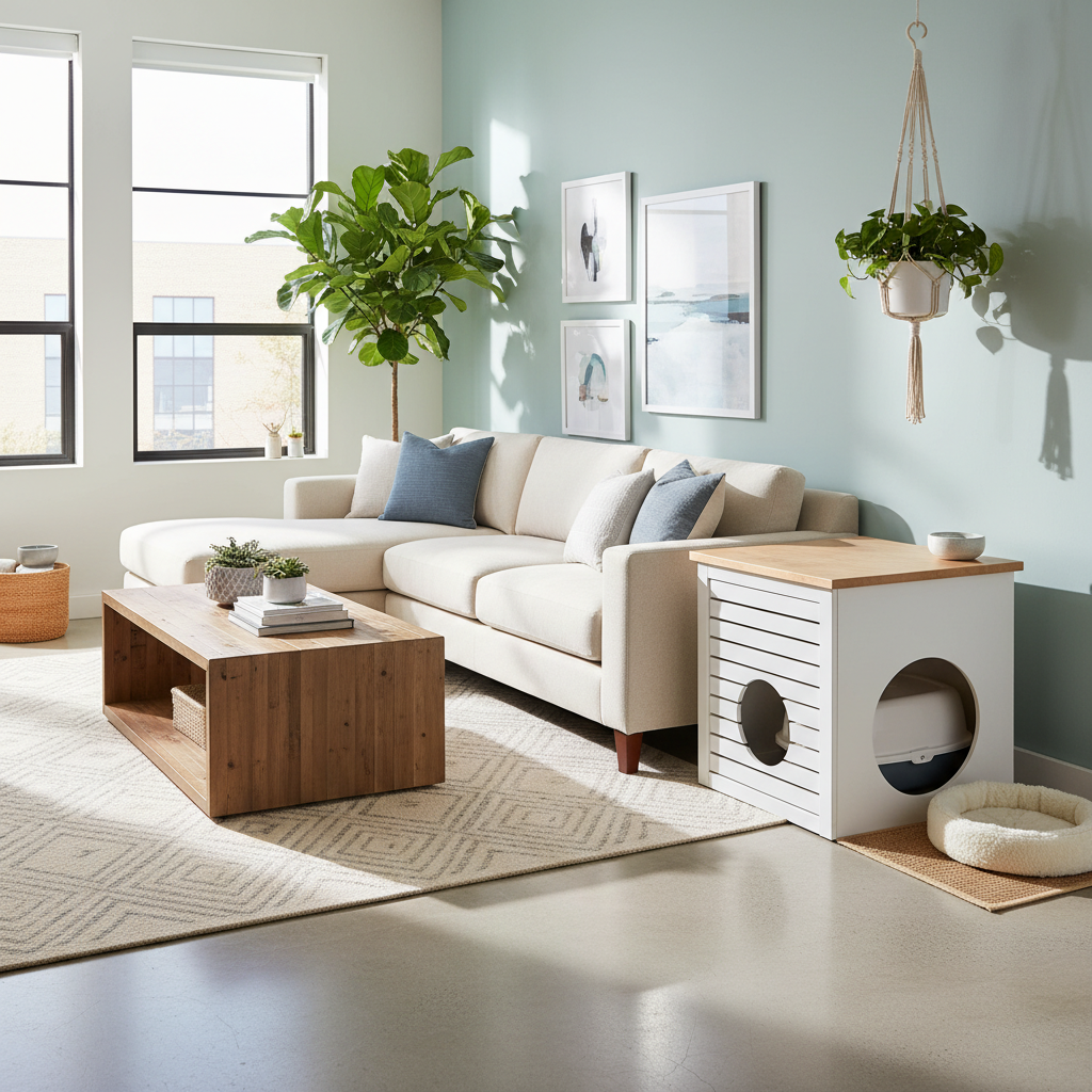 Современный интерьер квартиры с незаметно размещённым лотком для кошки