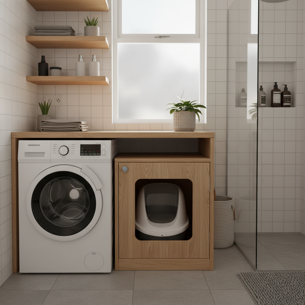 Лоток аккуратно размещён рядом со стиральной машиной в ванной комнате
