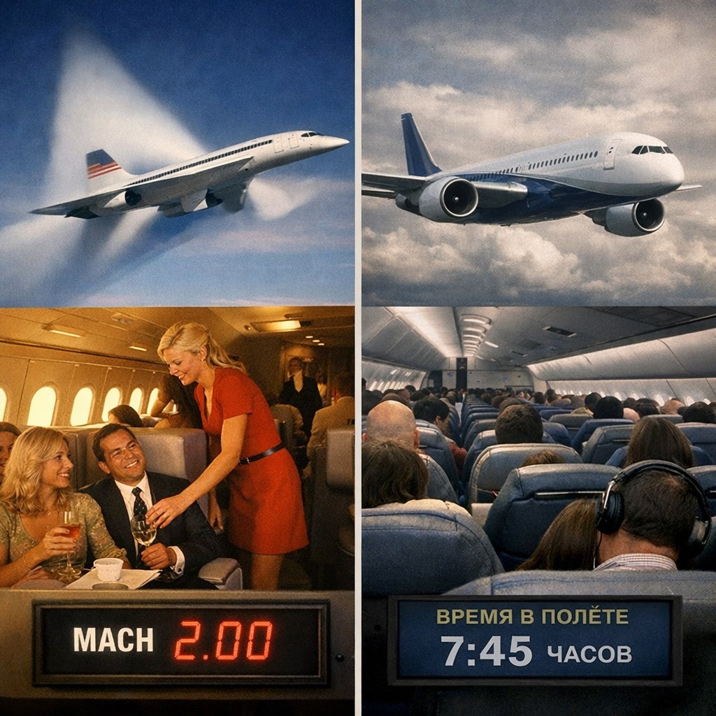 1976-2003: Конкорд летал Mach 2, Лондон-Нью-Йорк за 3.5 часа. 2025: все самолёты медленнее — прогресс назад