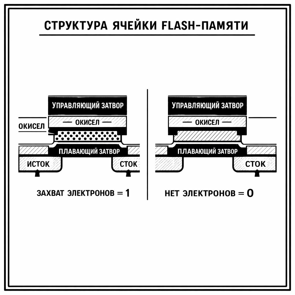 Схема flash-ячейки: электроны захвачены в плавающем затворе = хранение данных без питания, без механики