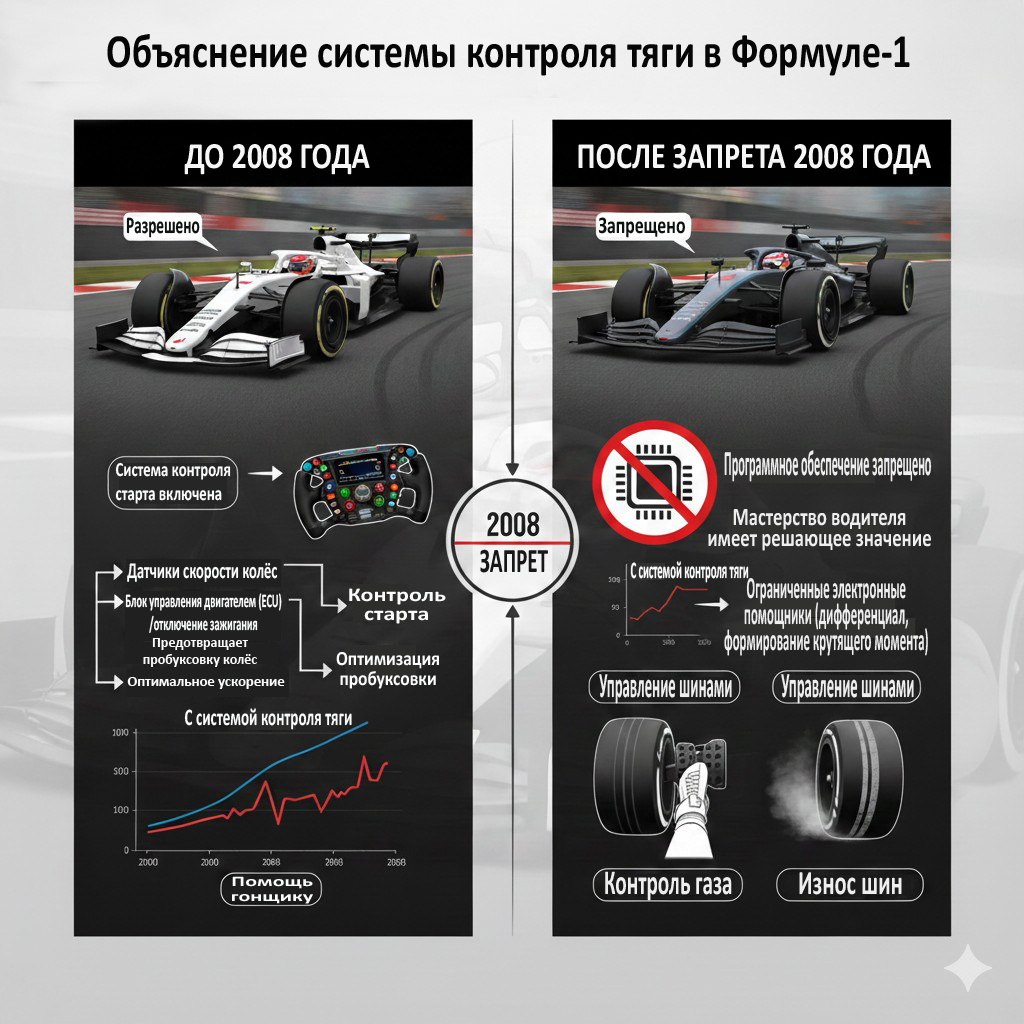 График слева демонстрирует ускорение с системой контроля тяги (синяя линия — плавный рост, красная — колебания, отражающие работу системы).
График справа показывает ограничения после запрета электронных систем.