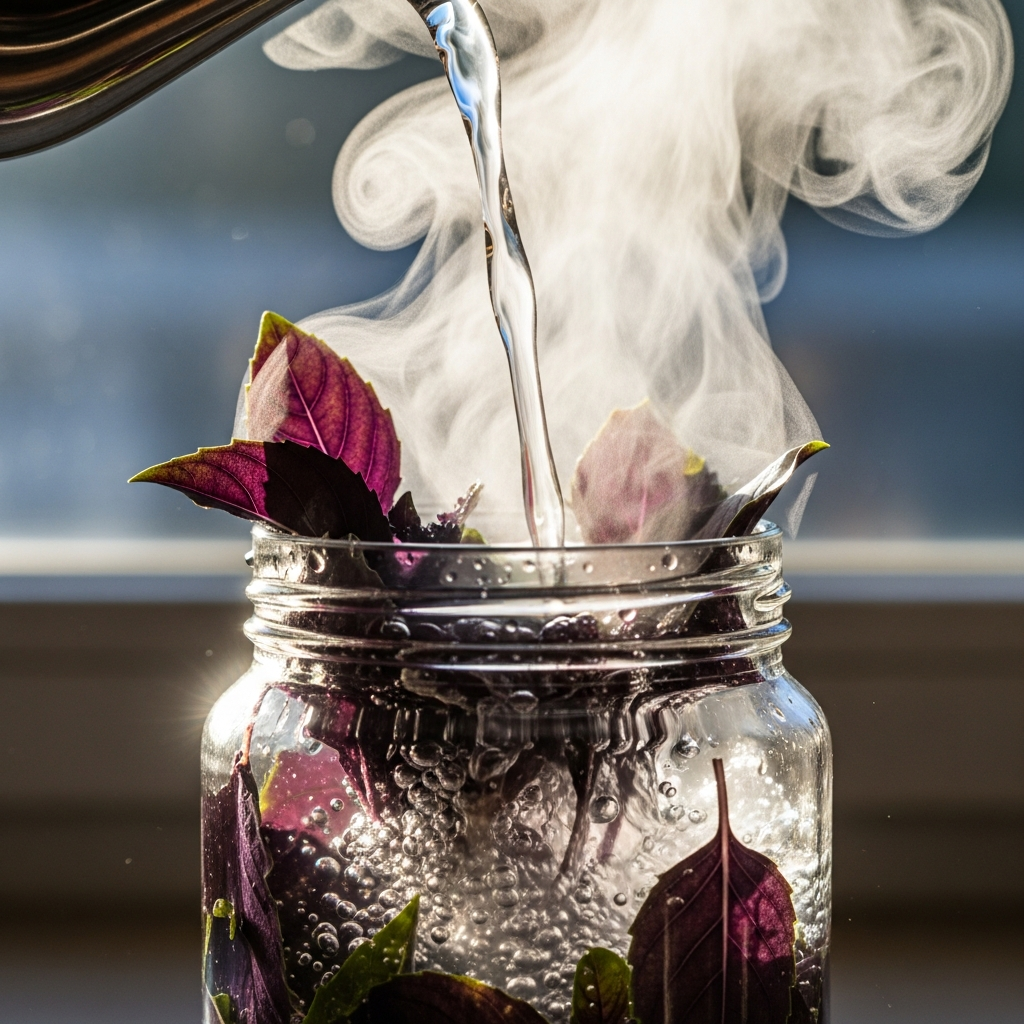 На первом этапе настой получается очень темным — это нормальная реакция антоцианов базилика.