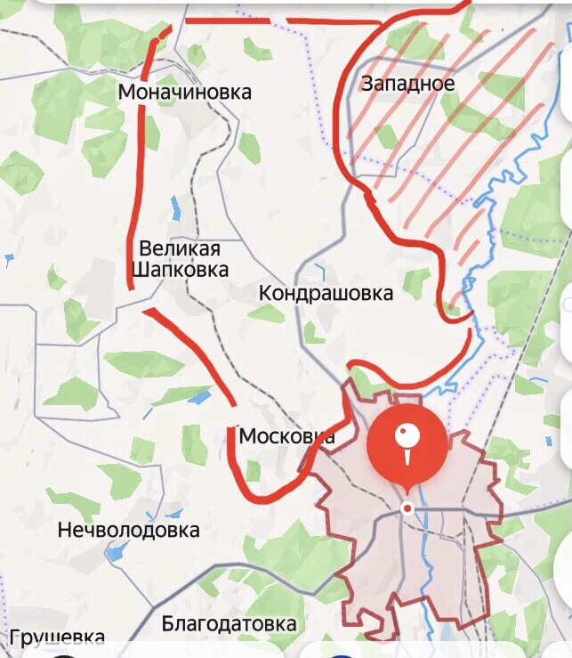 Красная линия со штрихом - примерный исходный район для наступления на нашем плацдарме на правом берегу Оскола. Красный пунктир - вероятное планирование расширения плацдарма (охват города с севера)