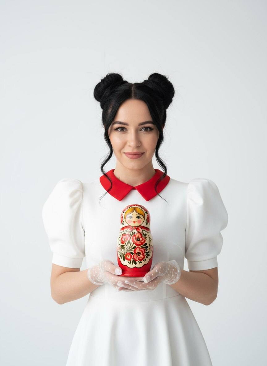 Девушка в белом платье держит в руках русскую матрешку — www.promtyi.com