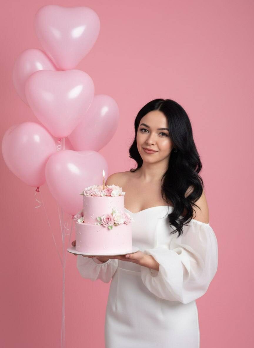 Девушка в белом платье держит розовый торт с зажженной свечой — www.promtyi.com