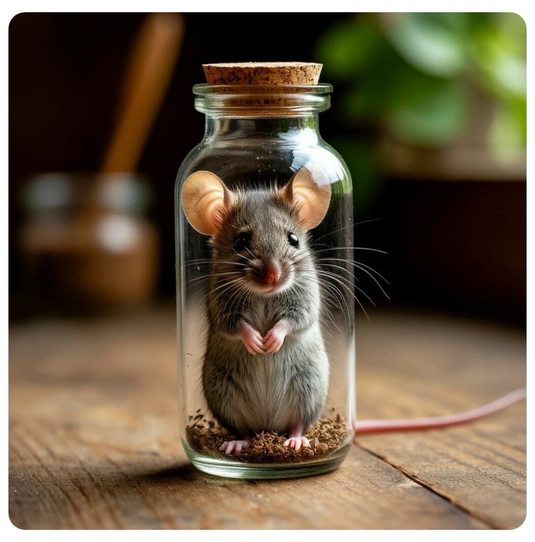 Мышонок а банке. Рисунок сгенерирован Шедеврумом. 