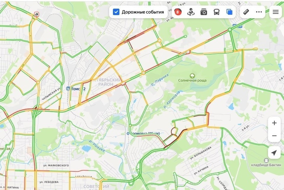    Много машин скопилось в районе Иркутского тракта. Фото: скриншот сервиса «Яндекс. Пробки»