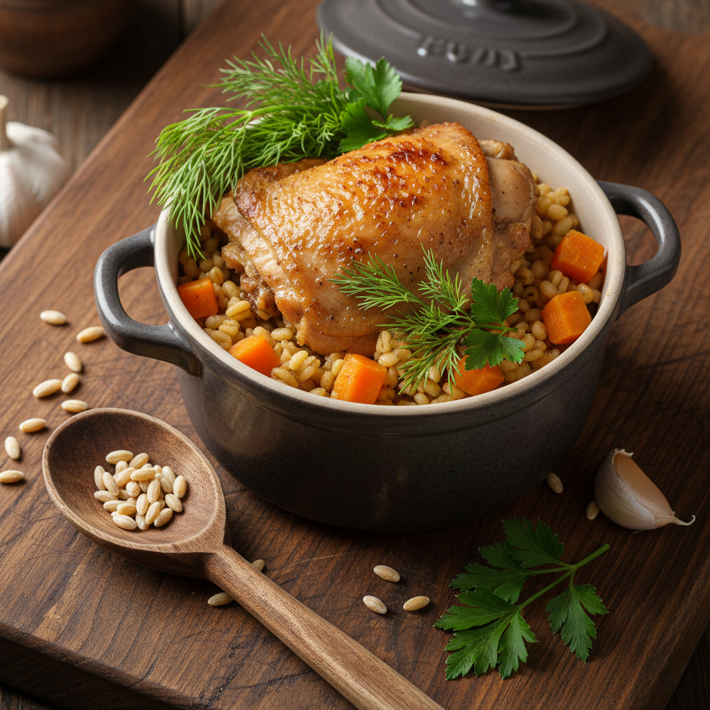 Сытный ужин: Курица с перловкой и овощами