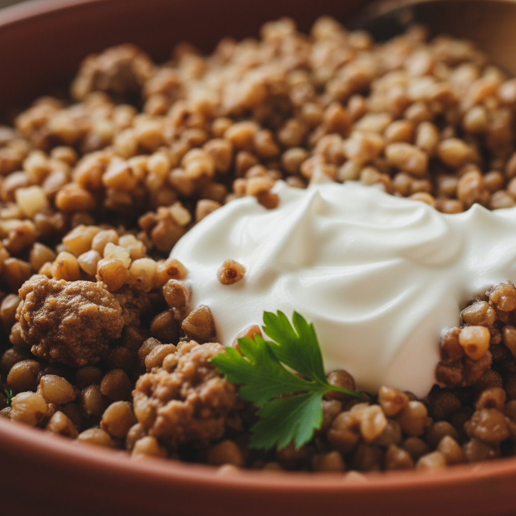 Гречка с фаршем и сметаной