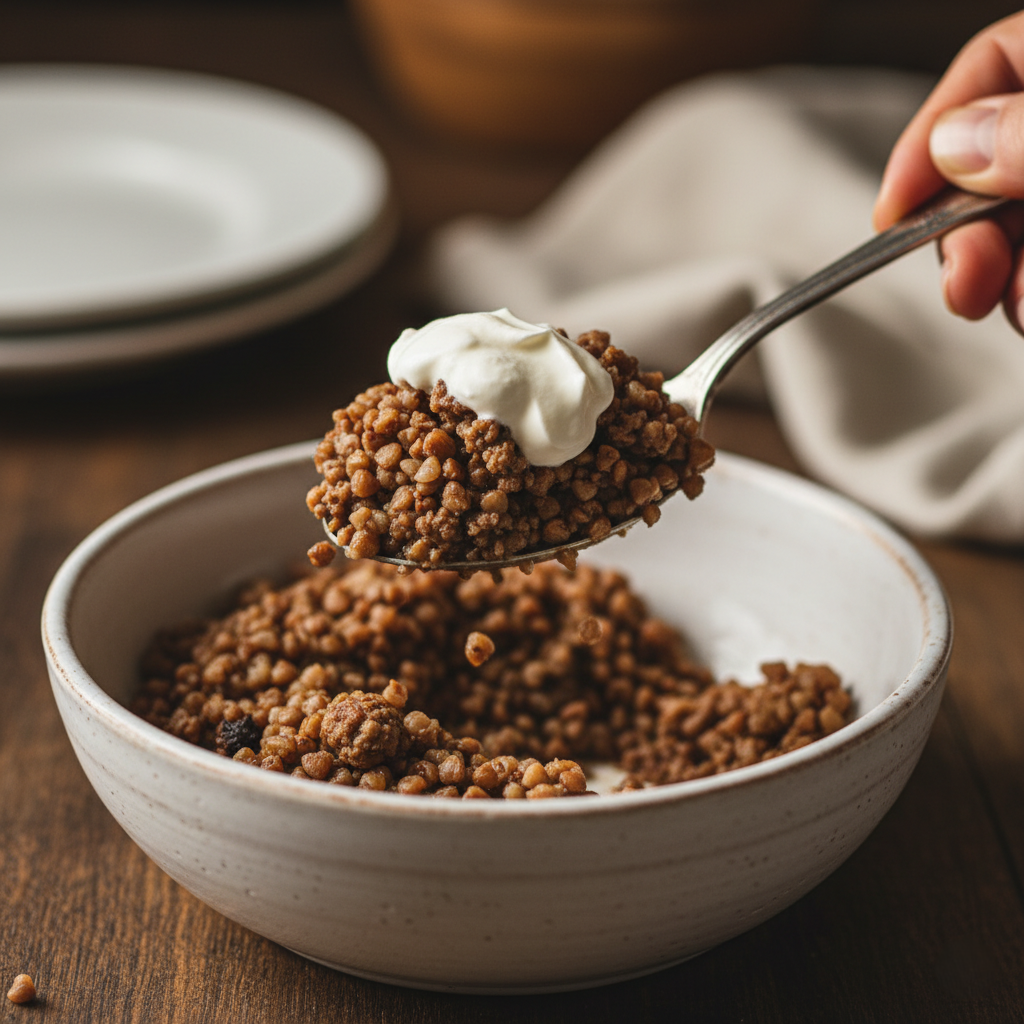 Гречка с фаршем и сметаной