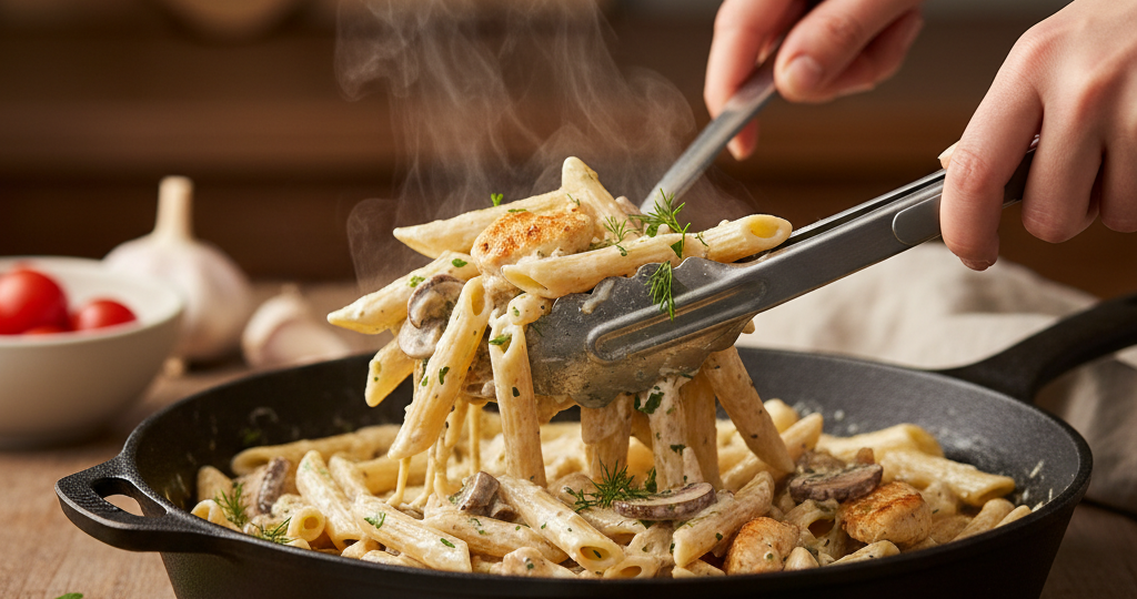 Макароны с курицей и грибами: сытный обед, который готовится быстро и без лишних хлопот