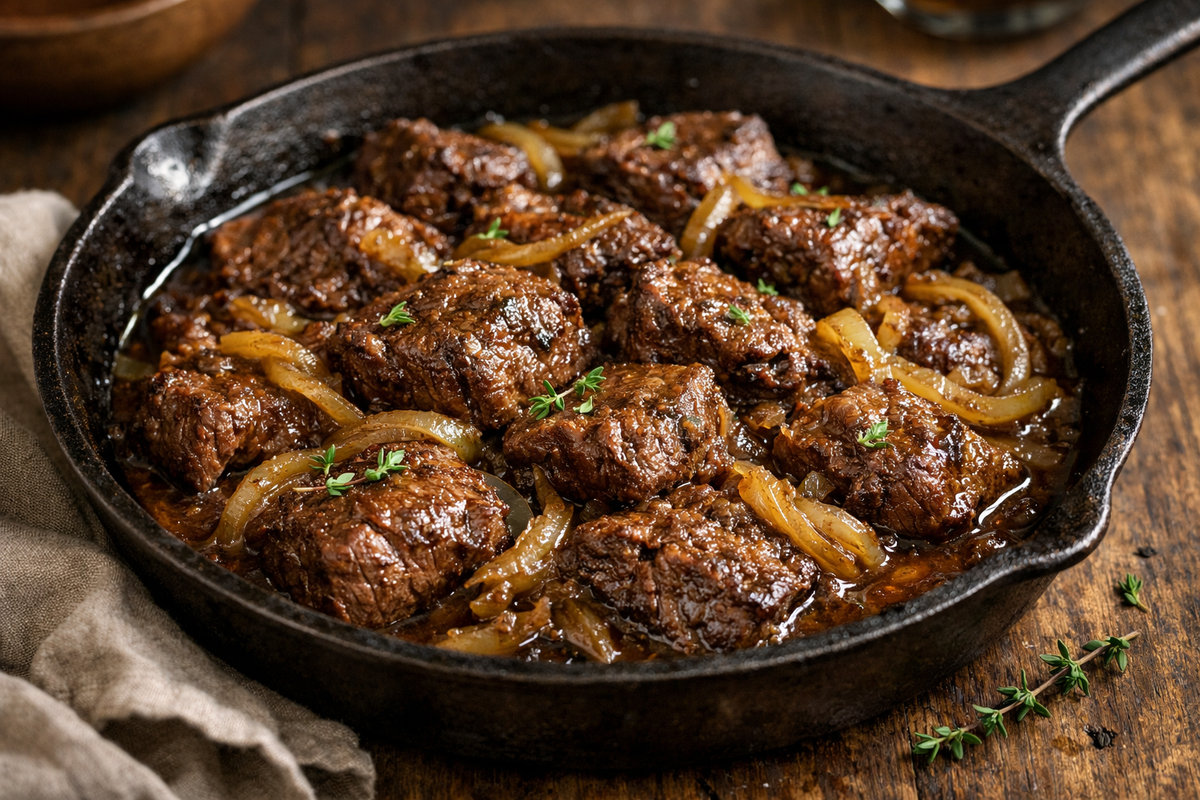 Томленая говядина в сковороде 