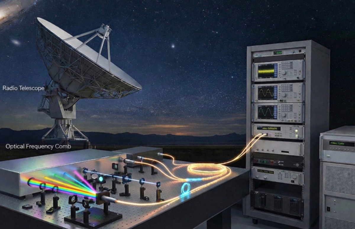    Иллюстрация принципа работы лазерного устройства для радиотелескопов, наблюдающих черные дыры