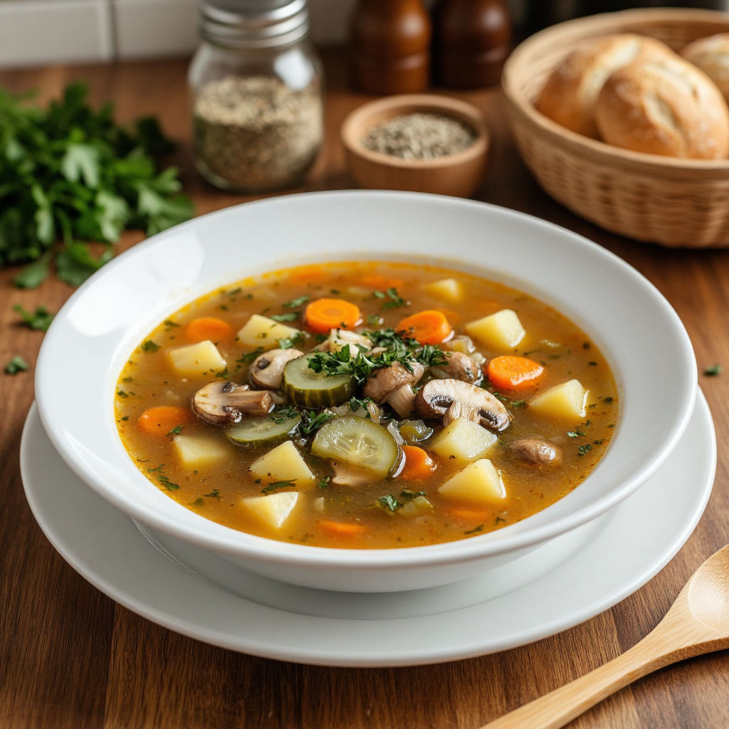 Грибной суп с перловкой и солёными огурцами: сытный обед по‑домашнему 🍲