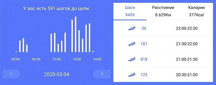 Показатели физической активности в приложении HealthBand