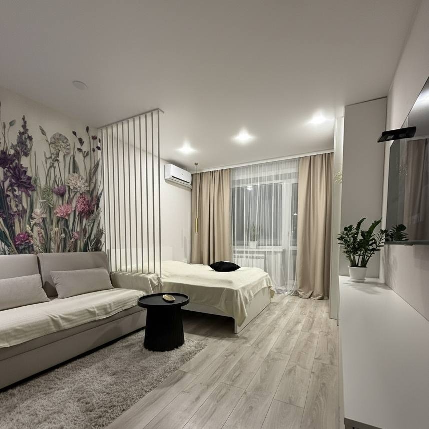 Пример интерьера квартиры-студии с матовыми потолками и локальным освещением. Акцентная отделка стены - флизелиновые фотообои VEROL. Артикул на WB: 604389207.