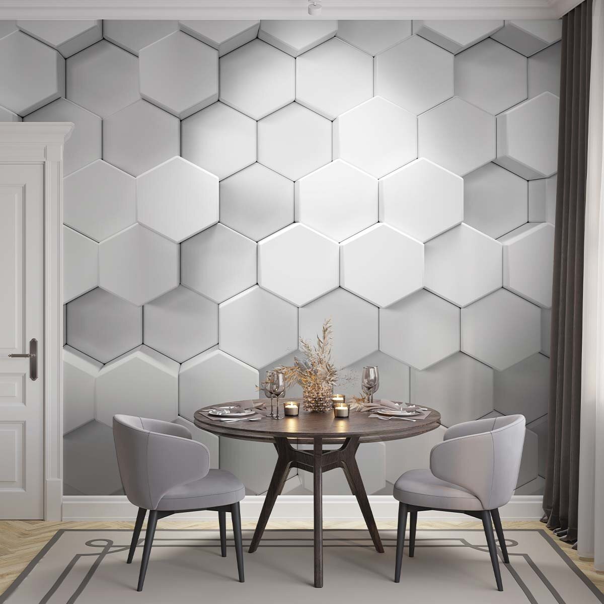 Пример отделки стены обеденной зоны флизелиновыми фотообоями VEROL с 3D эффектом. Артикул на WB: 222481437