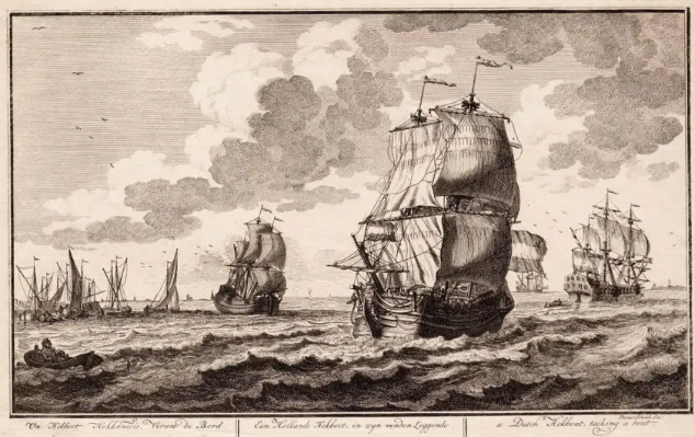 Рисунок художника Адольфа ван дер Лаана 1716 года, изображающий голландский «хекбот», корабль, похожий на « Роосвейк»