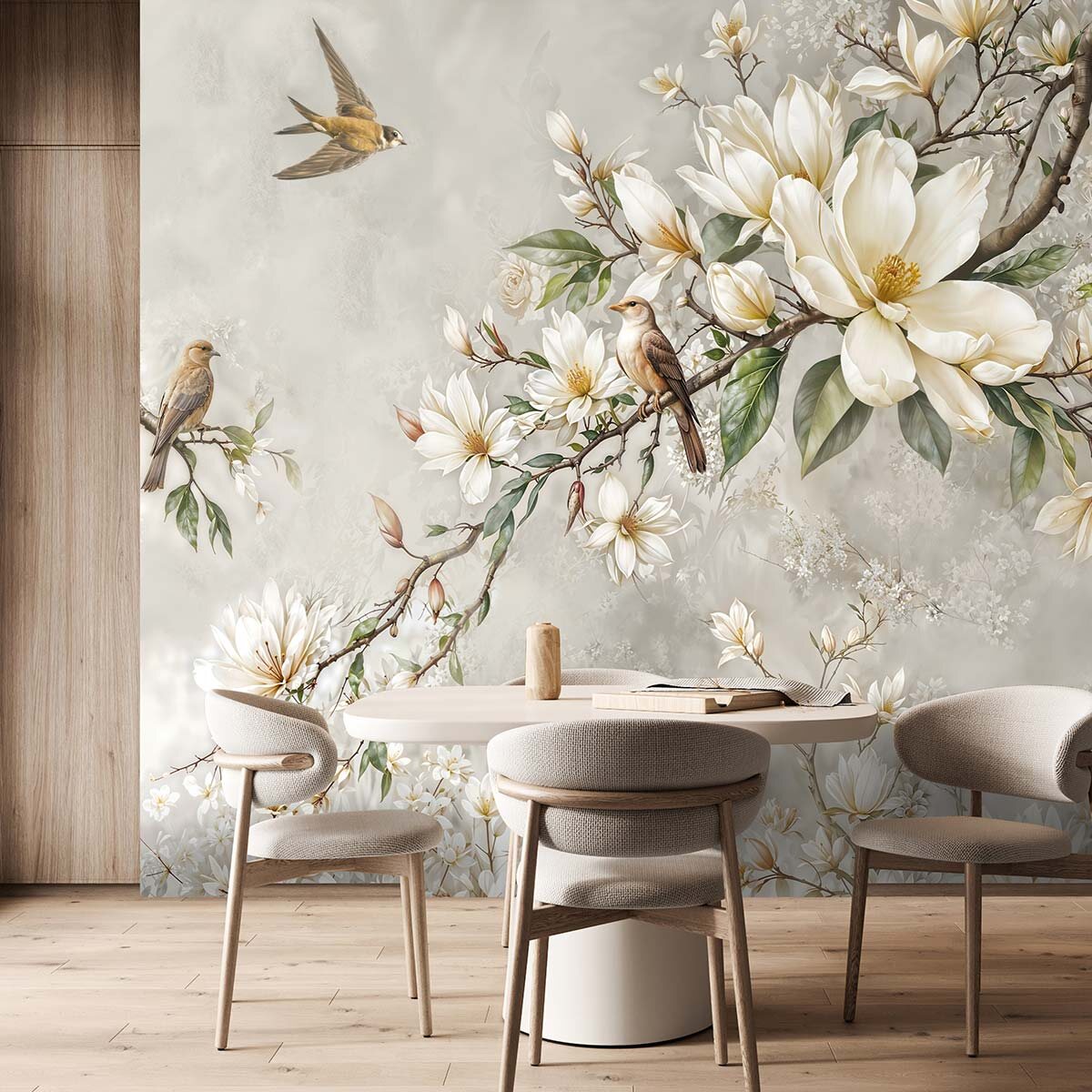 Пример оформления стены обеденной зоны акцентными флизелиновыми фотообоями VEROL. Артикул на WB: 271426920.