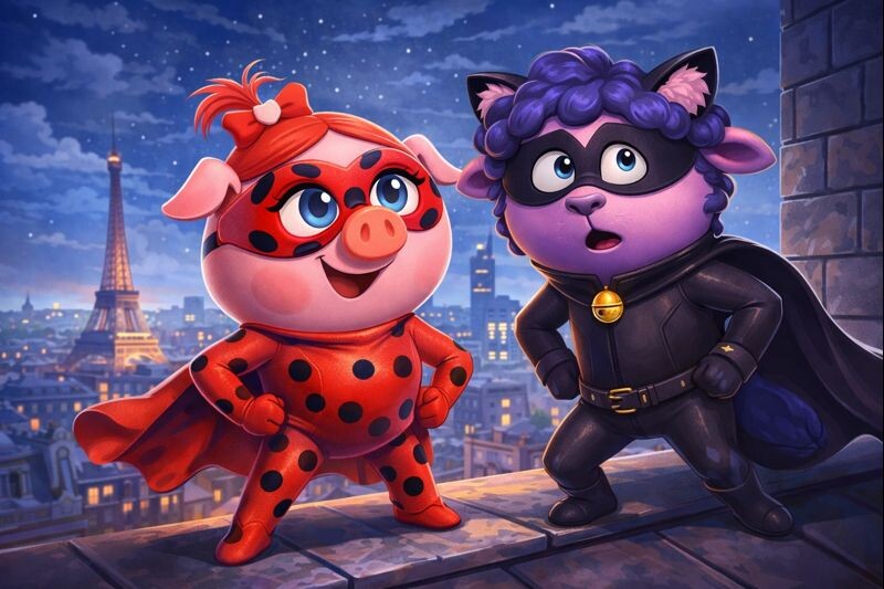 Нюши и Бараш в образе Леди Баг и Супер Кота