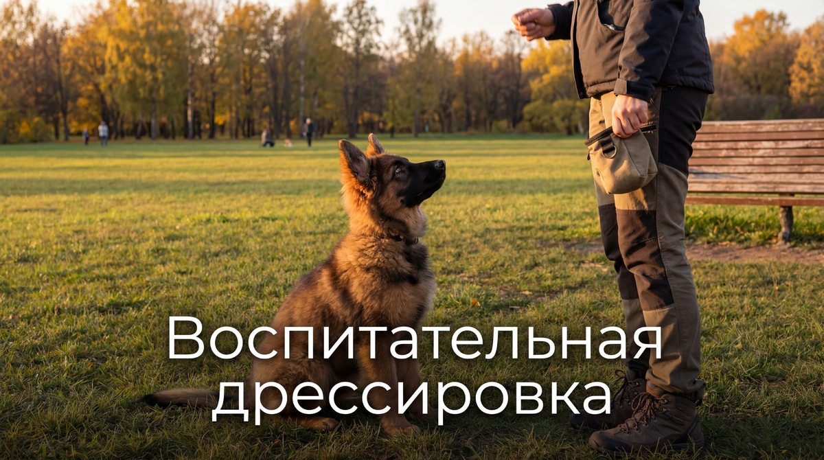 Щенок немецкой овчарки на занятии по воспитательной дрессировке в осеннем парке — внимательный взгляд на кинологаВоспитательная дрессировка — это система формирования правильного поведения собаки в быту, на прогулке и в общении с людьми. Она строится на доверии и сотрудничестве, а не на жёстком подчинении. Если техническая дрессировка готовит собаку к работе (охрана, поиск, защита), то воспитательная — к комфортной жизни рядом с человеком.
