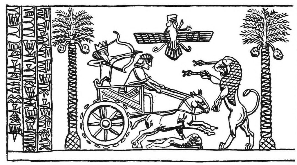 Печать, на которой царь Дарий изображен на колеснице между двумя пальмами во время охоты / Источник: en.wikipedia.org