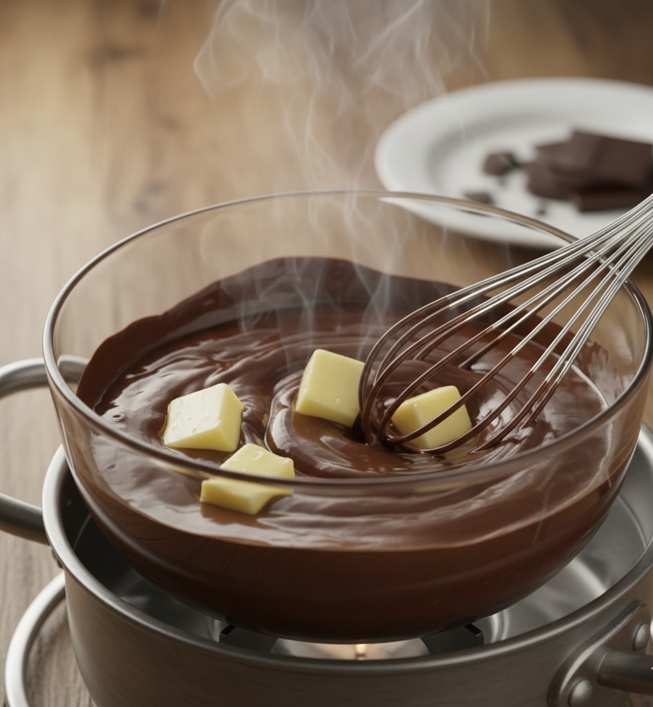 Растопленный темный шоколад, смешивающийся с золотистым сливочным маслом в стеклянной миске