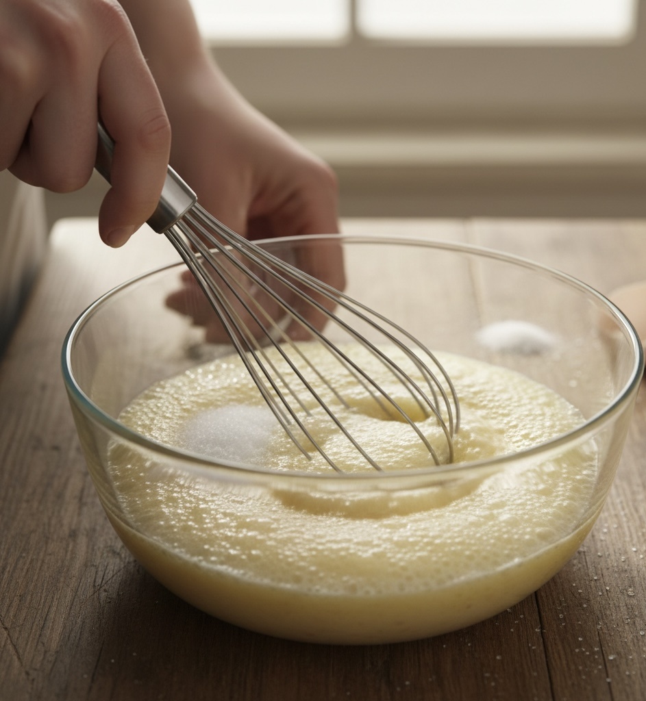 Венчик взбивает яйца с сахаром в пышную светлую массу