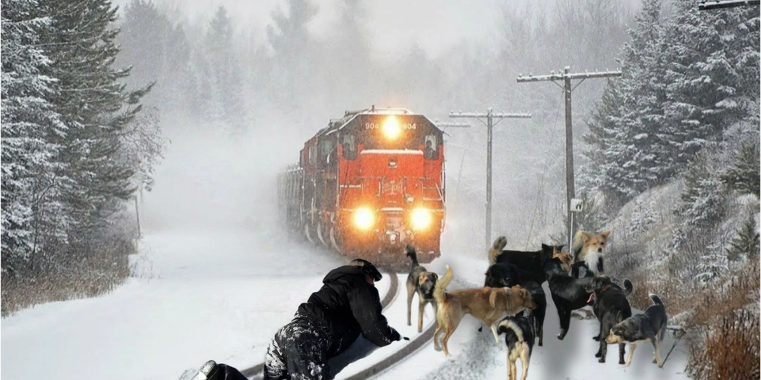 Собачья стая перегородила путь поезду. Машинст замер увидев, что они его защищают