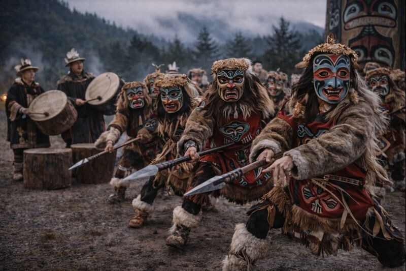 Танец воинов у тлинкитов. Изображение сгенерировано нейросетью ChatGPT.