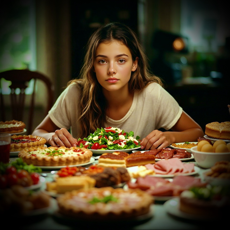 ПРОМПТ: Cinematic, photorealistic, professional photo of a young woman sitting at a large table covered with pies, salads, cakes, meats, and various festive foods, she looks overstuffed and slightly humorous, cozy home interior, 30mm lens, 1/250s, f/16, hyperrealism, naturalism, high resolution, highly detailed, realistic, Kodak Gold 200, RAW, ISO 2000, ultra detail, vibrant colors, professional presentation, pixel-perfect detail, masterpiece, hyper-detailed, ultra-high quality, square format
