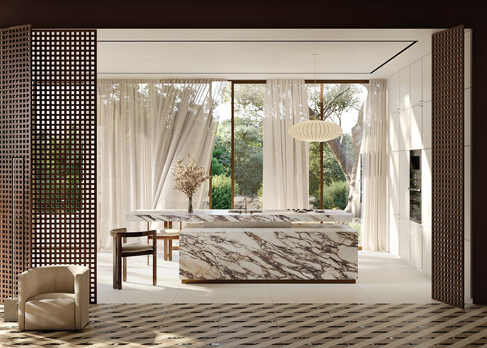 Кухонный остров и столешница, выполненные из керамогранита бренда SAPIENSTONE