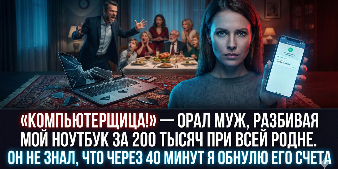«Компьютерщица!» — орал муж, разбивая мой ноутбук за 200 тысяч при всей родне. Он не знал, что через 40 минут я обнулю его счета