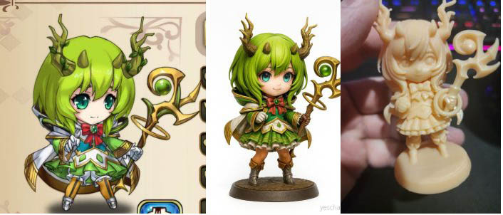 (слева направо: картинка-промпт, 3D-модель, непригодная для 3D-печати, напечатанная модель после доработки в 3D-редакторе):