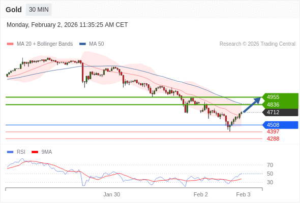 Золото в течение дня: Продолжение технического отскока.  Наша точка разворота находится на уровне 4508. Наше предпочтение:Покупать выше 4508 с целевыми точками 4836 и 4955. Альтернативный сценарий:Прорыв вниз уровня 4508 откроет путь к 4397 и 4288. Анализ:Поддержка, расположенная на уровне 4508, позволила активу укрепить свои позиции на некоторое время. 