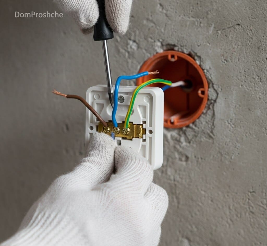 Желто-зеленая жила заземления должна быть всегда подключена к центральной клемме — это критическое требование безопасности 2026 года.  📷
